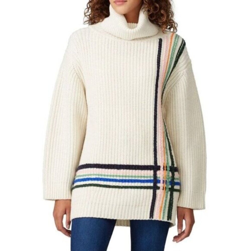 Tory Sport Merino Wool Striped Long Sleeve Turtleneck Chunky Knit Sweater Cream